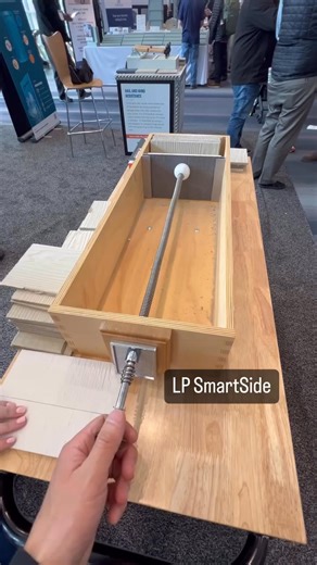 I’ve worked with my fair share of LP SmartSide and Fibre Cement siding over the years to know that this demonstration isn’t rigged. As an installer, I much prefer working with LP over fibre cement due to the ease of installation. I’ve carried 4x8 panels of both up ladders alone. The LP siding is much lighter and easier to work with. I find fibre cement often gets delivered damaged due to it being much more brittle. I’m not here to promote either, just sharing this fun display I saw at the JLC li