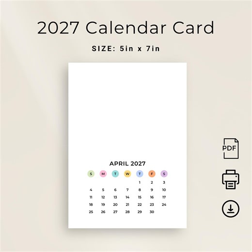 Small 2027 Monthly Calendar 5x7 Inch 2027 Calendar Card Portrait PRINTABLE PDF Color Calendar DIY Calendar 2027 Crafter Desk Planner Insert - Etsy