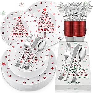 Sliner 240 Pcs Christmas Plastic Dinnerware Set for 30 Guests - Disposable Plates, Cups, Napkins, Forks, Knives, Spoons - Xmas Holiday Tableware Set for Christmas Party Supplies