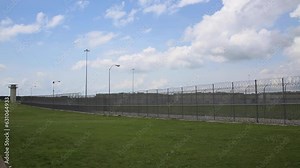 Allan B. Polunsky Prison Unit exterior of jail in Livingston Texas outside fence where guards patrol with razor barbed wire fence and building in background establishing shot