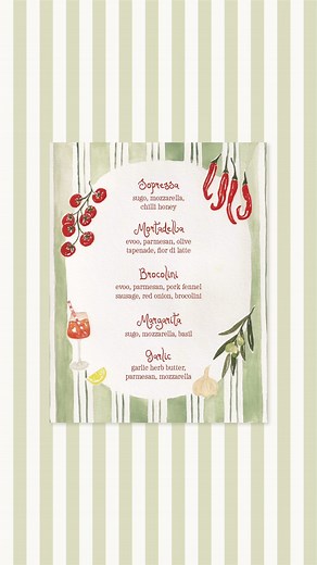 Projects Studio ❋ Branding & Illustration Designer on Instagram: "Italian Pizza Party Menu Design 🪩🍅 This was a fun passion project for me! I wanted to create a pizza menu design that was fun, cute and meant I could create with gouache (my fave medium that I started painting with this year!) 🫒 This menu is designed to match with the Italian disco tabelscape, so happy with the final result! Pizza party was a hit! - - - #italiansummer #illustrationart #italianpizzaparty #menudesign #dinnerparty