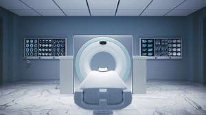 Sala de escáner de resonancia magnética. Máquina de imágenes de resonancia magnética. Sala de hospital con tomógrafo. La luz encendida en la sala médica