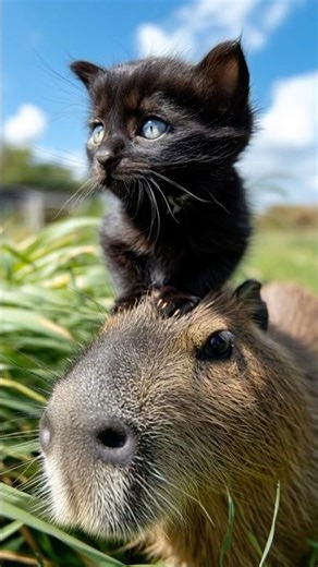 Kitten Rides Capybara [Cutest Animal Duo Ever?]