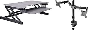 Rocelco 37.5" Height Adjustable Standing Desk Converter with Dual Monitor Mount and Slide Out Retractable Keyboard Tray - Sit Stand Up Double Screen Tabletop Riser Workstation - Gray (R DADRG-DM2)