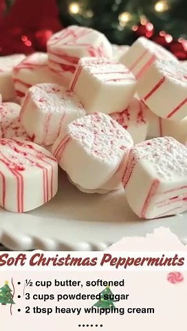 Soft Christmas Peppermints Old-Fashioned Butter Mints Celebrate the festive spirit with these homemade Soft Christmas Peppermints! A delightful, old-fashioned treat that melts in your mouth, perfect for holiday gifting or decorating your dessert table. Ingredients: ½ cup butter, softened 3 cups powdered sugar 2 tbsp heavy whipping cream ¼ tsp peppermint extract (adjust to taste) Red gel food coloring Instructions: Whip the Butter: In a mixing bowl, whip the softened butter until light and fluffy