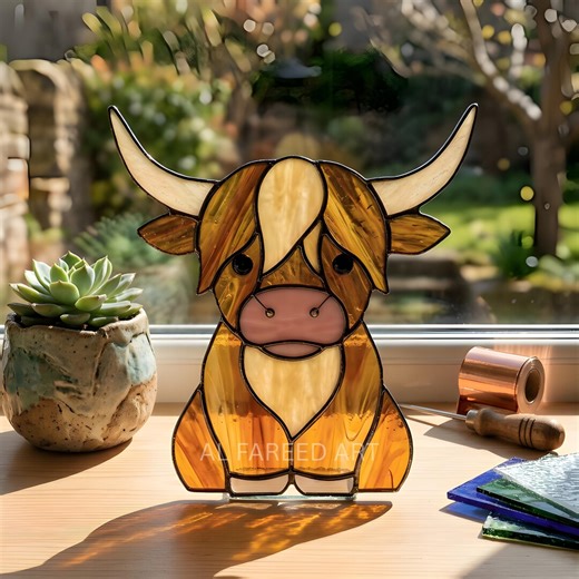Highland Cow Stained Glass Pattern PDF, Cute Cow Suncatcher Template, DIY Glass Art Pattern, Farm Animal Decor, Beginner Friendly Craft - Etsy