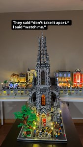 Watch the cathedral deconstruct itself - spire off, tower down, roof lifted, base (nave, apse, aisle) exposed. This is where the real details live. Toodaloo! . . . #legofans #legocity #moc | Brickinghamshire