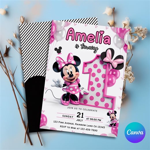 Editable Minnie Mouse Birthday Invitation, Minnie Mouse Birthday, Watercolor Birthday Invite, Printable Invitation, Pink Minnie, PMS0001 - Etsy UK