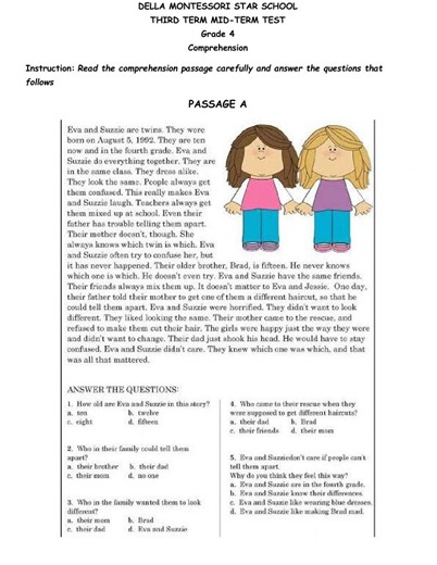 Grade 4 comprehension test worksheet
