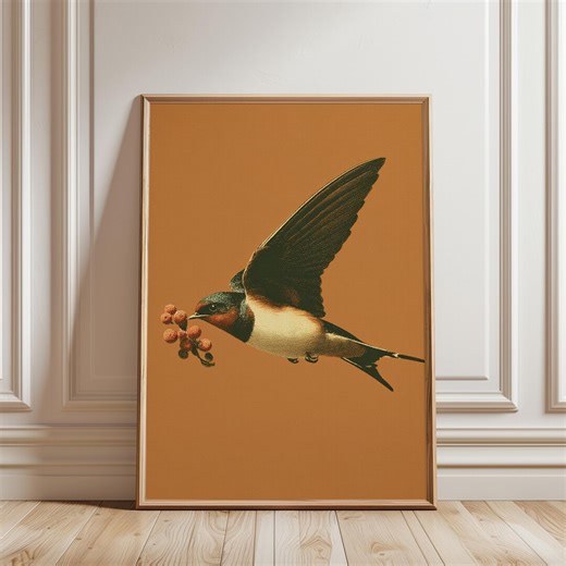 Swallow Bird Poster, Vintage Illustration Style in Brown and Cream - Etsy UK