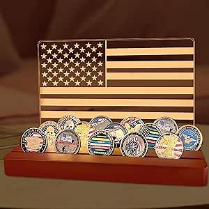 Challenge Coin Display, Light up Coin Holder American Flag with Warm White Color Light, Military Coin Holder Display Case, 4 Row Holder Wooden Rack Gift for Military Army for Him Father
