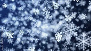 Falling White snowflakes on dark blue background. 4K 3D Loop Christmas background. Celebration, thanksgiving merry Christmas, Holiday, winter, New Year, snowflake, festive, snow flake.