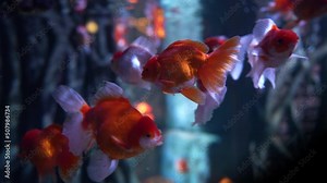 Oranda decorative goldfish swimming underwater, inhabitants of the sea world, close-up colorful fish in the water