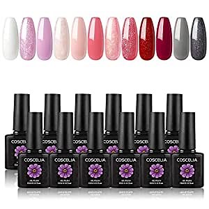 COSCELIA Gel Nail Polish Kit 12 Colros Gel Polish Set 10ML Soak Off White Pink Red Purple Grey Glitter Color Gel Nail Polish Set Collection for Nail Art Salon or Home