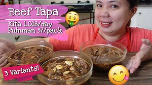 How to make homemade beef tapa recipe for business. 3 Variants (Original, Chili Garlic & Sweet and Spicy) pang negosyo marinade with costing. Ingredients & Costing: Classic 1 1/2 kilo Beef Sirloin - 450 pesos 1 cup soysauce - 3 pesos 1 cup lemon lime soda - 5pesos 1/3 cup calamansi - 13 pesos 1 tbsp salt - 1 peso 1 tsp pepper 30 centavos 1 tbsp sugar 1peso 1 head garlic 5 pesos 1/8 cup oyster sauce 6.5 pesos (divide the mixture into 3) Chili Garlic 1/3 of the mixture 👆 1 head Garlic - 5 pesos 1