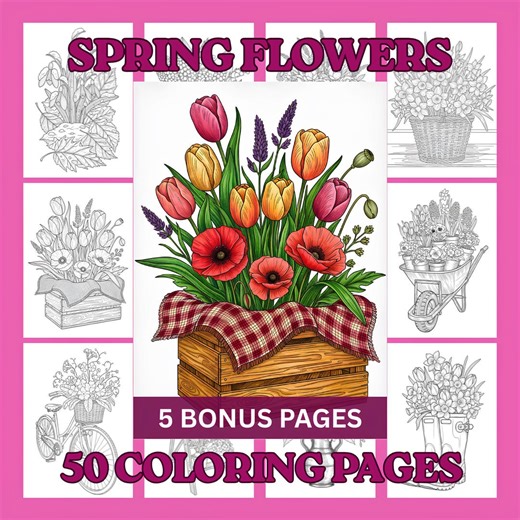 Spring Flowers Coloring Page for Adults - Printable Garden Botanical Art, Digital Download for Relaxation, Instant Stress Relief - Etsy