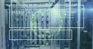 Digital data processing animation over servers in data center
