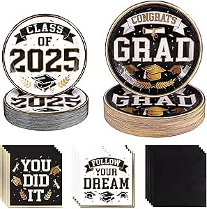 Graduation Plates and Napkins Class of 2025 Black Gold Graduation Decorations Disposable Graduations Party Supplies Includes Grad Plates,Dessert Plate,Napkins for Congrats Grad Party, Serve 50