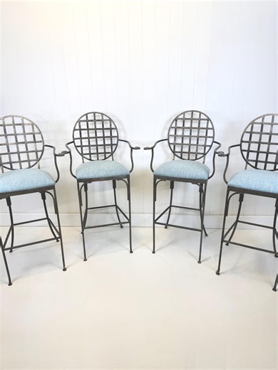 Wrought Iron Bar Stools Scrolled Arms, Silver Finish, Lattice Backs, Coastal Blue Upholstered 46"