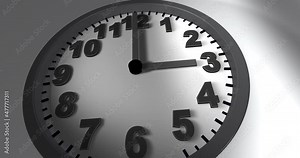 3D animated time lapse of a wall clock with back frame. Light reflection and shadows on the clock face. Shadows move with the passage of time. Animation with moving clock hands and black numbers