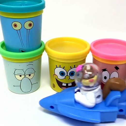 Spongebob characters appearing with play-doh toys: Gary, Sandy Cheeks, and Plankton #shorts