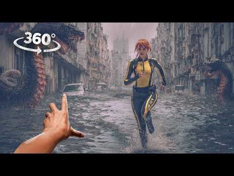 360° Giant snake attack after car sinking and tornado disaster VR 360 video