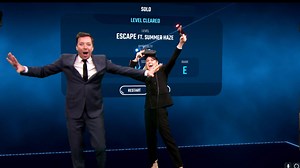 8M views · 10K reactions | Brie Larson and Jimmy play Beat Saber, a virtual reality game where players slash targets to the beat of the music. | The Tonight Show Starring Jimmy Fallon | Facebook