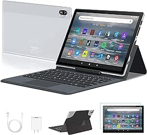 2023 Newest Tablet with Keyboard 10 Inch, Android Tablet Newest Octa-core Processor,6GB RAM + 64GB ROM Storage 2 in 1 Tablet with 2 Sim Slot+5G Dual WiFi network, Tablet 1920x1200 HD Display -Silver