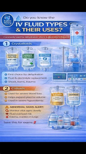 💧 Do You Know the Main Types of IV Fluids? IV fluids are commonly used in hospitals and very important for exams & clinical postings. 📚 Types of IV Fluids: 1️⃣ Crystalloids – Normal Saline (0.9% NS) – Ringer Lactate (RL) – Dextrose 2️⃣ Colloids – Albumin – Dextran 🎯 Used for dehydration, shock, blood loss & electrolyte imbalance. Save this for exams 📌 Share with your nursing friends 👩‍⚕️ #NursingStudent #GNMStudent #BScNursing #NursingNotes #ClinicalPosting #IVFluids #NursingExam #Healthcar
