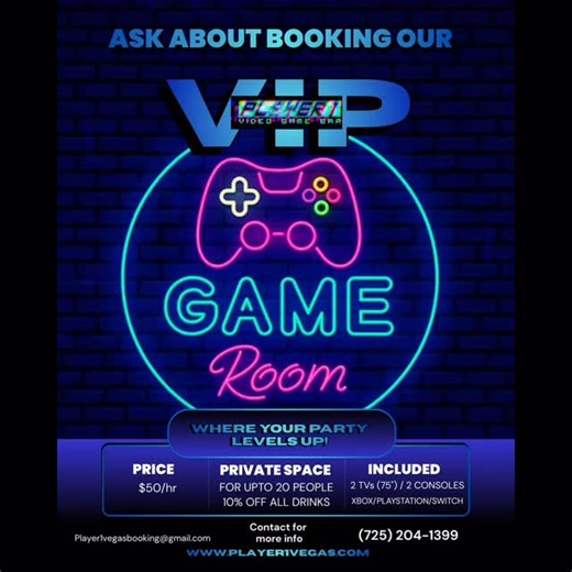 🎮🎉 PLAYER 1 VIP PARTY SECTION🎉🎮 “Looking to level up your next night out? 👀 Say hello to the Player 1 VIP Game Room — where your party hits MAX STATS 💥 Private space ✔️ Up to 20 players ✔️ 2 75-inch TVs ✔️ Choice of console Xbox, PlayStation & Switch ✔️ And 10% off all drinks 🍹🔥 For just $50 an hour, you and your squad get your own arena to game, drink, and dominate the night 🕹️🥂 Birthdays 🎂 Car meets 🏎️ Game nights 🎮 Anime squads 🧑‍🚀 This is where your party levels up 💙 Ask abou