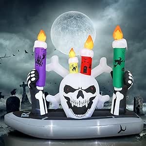 8FT Long Halloween Inflatables Decorations, Skull Holding Candles with Tombstone Decor, Blow Up Halloween Skeleton Inflatables with Built-in LEDs for Halloween Indoor Outdoor Yard Garden Lawn Décor