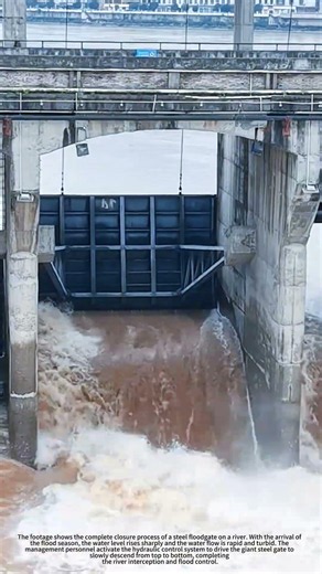 Real shot of flood gate slow closing, shocking whole process of cutting off raging floodwater