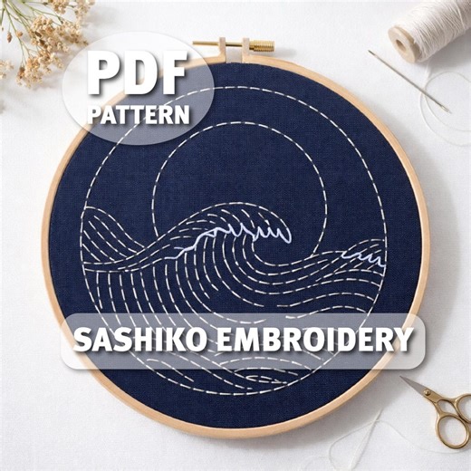 Sashiko Embroidery Pattern PDF, Japanese Wave Design, Printable Hand Embroidery - Etsy