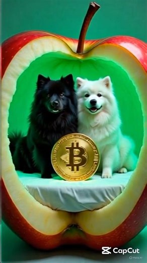 🍎🐕‍🦺🐶 Crypto Apple Glow — fluffy black & white dogs shine in neon apple with golden Bitcoin ✨🪙