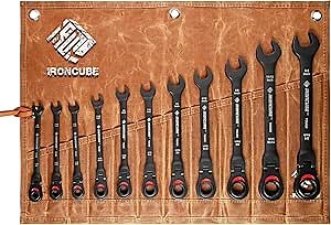 Ratcheting Combination Wrench Set: 11-Piece SAE 1/4 to 3/4 Inch - Flexible Head - CR-V Steel - Black Tough With Wax Canvas Tool Pouch for Motorcycle Repair