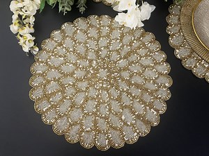 30 Inch, Handmade Placemat, Beaded Round Table Placemat, Silver, Gold With White Beads - Etsy