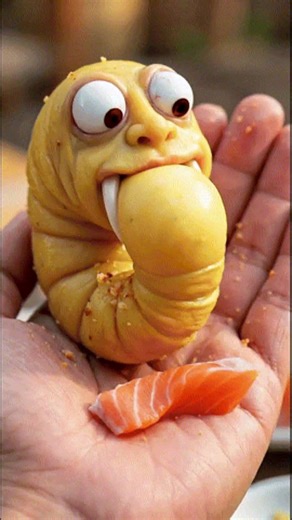 The big worm will be very fat. It is yellow, It's eating salmon in the palm of my hand. #PE1