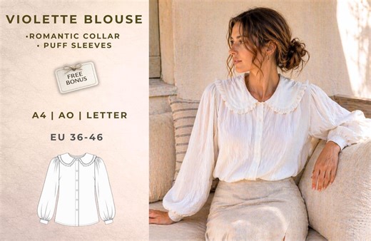 Violette Blouse Sewing Pattern | Romantic Collar Shirt PDF | Puff Sleeve Blouse Pattern | Feminine Button up Top | Digital Download - Etsy UK
