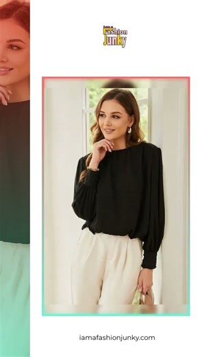Black Padded Shoulder Buttoned Cuffs Pleated Loose Blouse