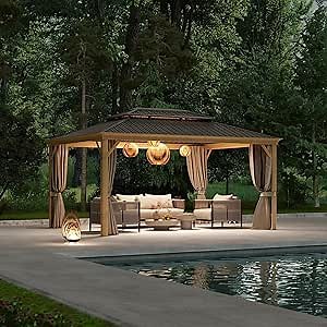 10'x12' Hardtop Gazebo, Wooden Finish Coated Aluminum Frame Canopy with Galvanized Steel Double Roof, Outdoor Metal Patio Pavilion with Curtains & Netting for Garden & Deck, Brown (10x12 Ft)