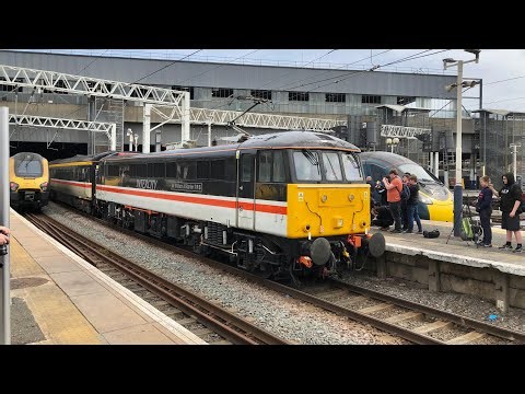 1980s era Class 86 hauled Avanti capacity train arriving at & departing from London Euston