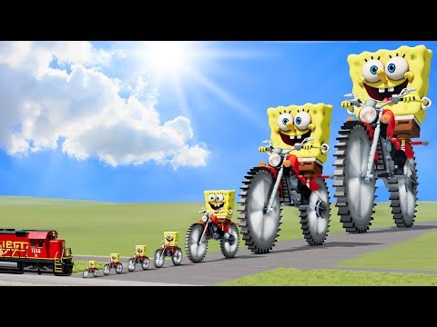 Big & Small SpongeBob on a motorcycle with Saw wheels vs Train | BeamNG.Drive