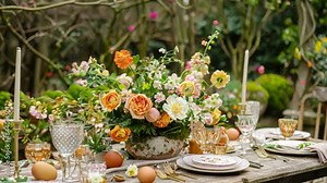 Easter tablescape decoration, floral holiday table decor for family celebration, spring flowers, Easter eggs, Easter bunny and vintage dinnerware, English country and home styling idea Stock Video