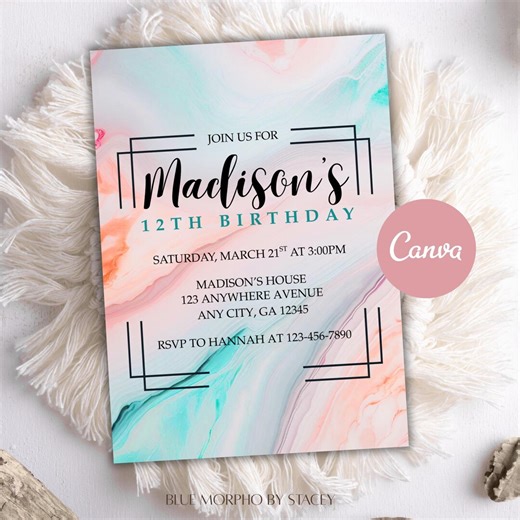 12th Birthday Modern Marble Invitation | Tween Birthday Party Printable | Editable Canva Invite - Etsy