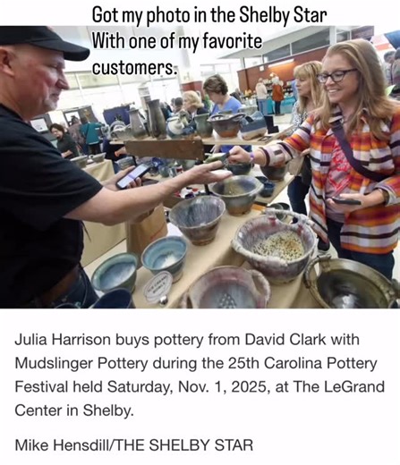 One of my customers from the Carolina Pottery Festival sent me a photo from the Shelby Star. I always enjoy making connections with my customers. Thanks to all who stopped by at the sale. #mudslingerpottery #handmadepottery #ncpottery #potterysale #shelbystar #connections #potteryfans #potterymaker #carolinapotteryfestival #nodapotterymarket #carolinaclaymatters | Mudslinger Pottery David Clark