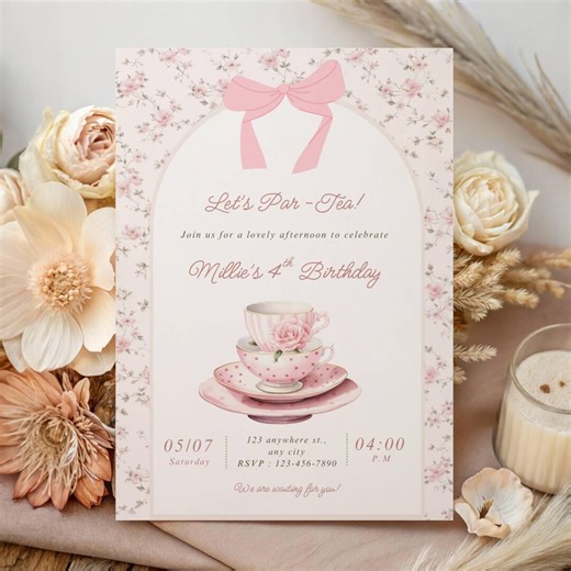 Editable Tea Party Birthday Invitation Girl Par-tea Invite Floral Pink Coquette Whimsical Tea Download Canva Printable Template Time for Tea - Etsy