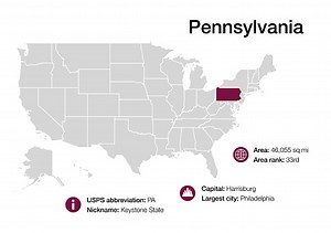 Map of Pennsylvania state with political demographic information and...