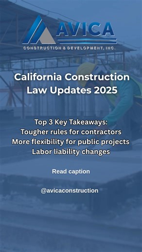 🚧 Builders, take note: Big changes are coming to California construction in 2025. • Stricter licensing & new cost burdens for contractors under SB 1455. • Public agencies now have more freedom to use design-build and best-value methods. • Labor-law shifts mean more direct accountability for GC’s and longer-term PAGA protections for union jobs. At Avica Construction & Development, we’re ready for these updates — so you can focus on building, not worrying. 📞 Message us today and let’s make sure 