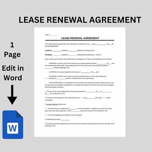 Lease Renewal Agreement Template, Editable Landlord Form (microsoft Word) - Etsy