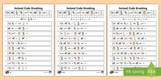 Animal Addition and Subtraction Code Breaking Worksheets